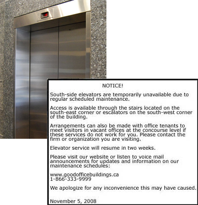 Notice of elevator disruption.